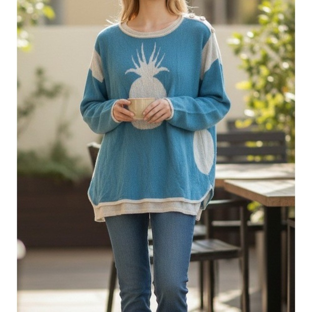 Islefield Womens Blue Pineapple Print Long Sleeve Knit Silk Wool Blend Sweater L